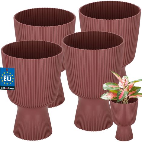 KOTARBAU® Lot de 4 Pot de Fleur  Ø 14 cm - Pot de Fleur Interieur - PVC - Pot de Fleur Exterieur - Pot pour Plante avec Socle - Nervuré - Forme de Coupe - H: 21 cm - Marsala (1/4)