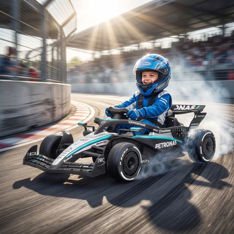 Karting électrique Mercedes-AMG PETRONAS F1 sous licence, télécommande, suspension arrière, démarrage progressif
