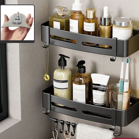 Etagère Douche, Serviteur de Douche Sans Perçage 2 Tablettes, Paniers Rangement d'Organisateur de Douche Mural Porte Savon Douche Acier Inoxydable pour Salle de Bain et Cuisine (1/4)