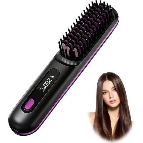 Brosse Chauffante Lissante Sans Fil Portable Mini Lisseur Cheveux Court Barbe avec 3 Températures affichage LCD Peigne Lissant Céramique Anti-Brûlure ion négatif pour Voyage Retouches Femmes Hommes (1/5)
