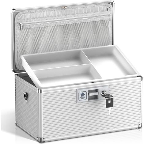 Medizinschlossbox mit Schlüssel, Aluminiumlegierung, herausnehmbares Tablett, Silber Groß