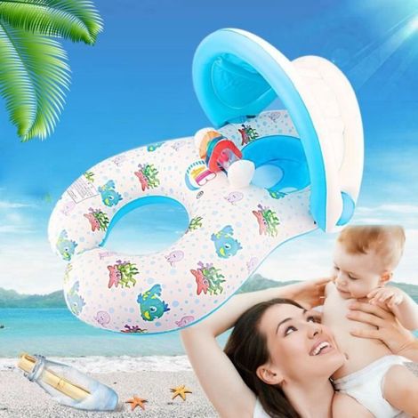 Mère et bébé nager flotteur sécurité gonflable bébé piscine eau jouet siège bateau natation avec abri soleil auvent double personne (1/4)