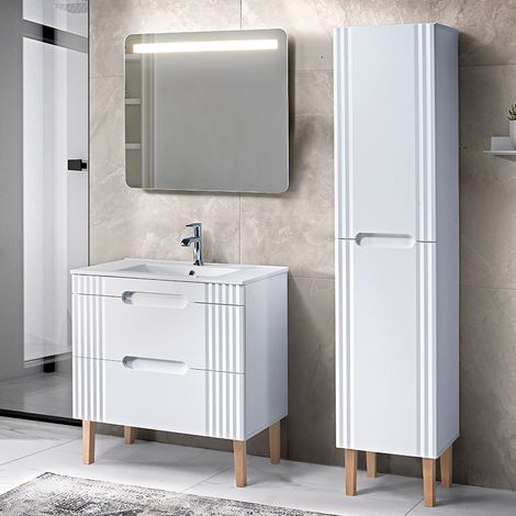 Badmöbelset weiß mit 80cm Waschtisch, Hochschrank, LED-Spiegel, FAIRFIELD-56 (1/5)