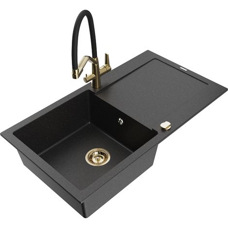 Mexen Leo 1 Becken-Granitspüle mit Abtropffläche und Mischbatterie Duo, Schwarz/Silbermetallic - 650