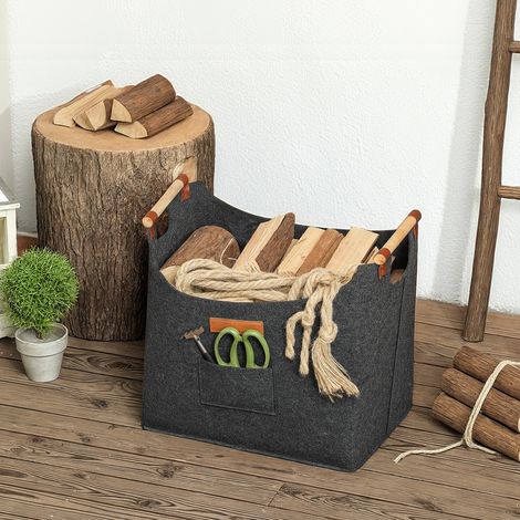 Brennholzsack aus Filz, Holzkorb für den Innenbereich mit Holzgriffen, Mehrzweckkorb für Decken, Zeitschriften und Brennholz, 45 x 32 x 40 cm, Dunkelgrau