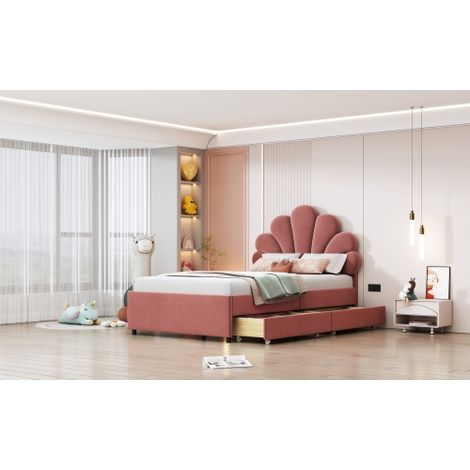 Polsterbett Doppelbett, Bettrahmen mit blumenförmigem Kopfteil und Lattenrost, Erwachsenen-Jugendbett in hautfreundlichem Samtstoff (1/5)
