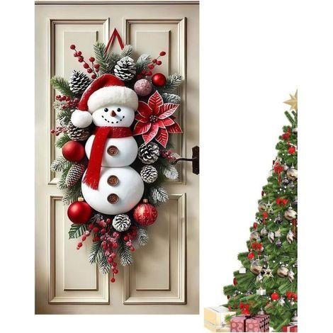 Tuserxln – Décoration de Noël bonhomme de neige 180 x 90 cm – Décoration de porte d'entrée avec nœud et cloches – Couronne suspendue festive (1/4)