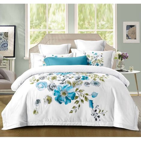 Parure de lit élégante en coton imprimé, pour lit double, 4 pièces : drap-housse 180 x 200 cm, housse de couette 200 x 230 cm, 2 taies d’oreiller 55 x 80 cm, blanc, bleu clair et vert canard (1/5)
