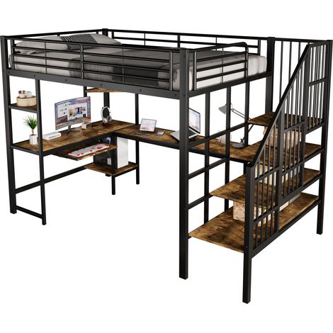 CHICFURN Letto a soppalco 120x200 cm in metallo e MDF nero, scrivania e presa (1/5)