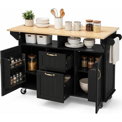 Îlot de cuisine mobile avec plan de travail extensible, roulettes verrouillables, tiroirs et prises USB/USB-C, 120 cm, noir et bois clair – CHICFURN (1/5)