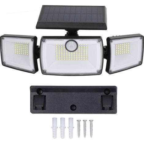 Lampadaire solaire 3 têtes 6W 7700K IP65 réglable, détecteur à haute sensibilité pour extérieur, éclairage de portail, garage, cour. (1/5)