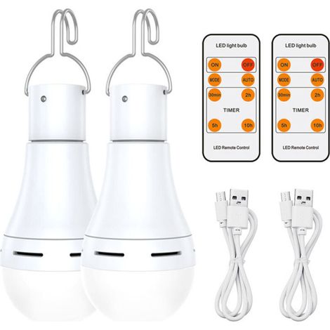 2PCS USB Ampoule Rechargeable Avec Télécommande, 7W LED Ampoules Batterie ,Dimmable Ampoule Avec Fonction de Synchronisation, Extérieur Camping Ampoule De Secours Avec Crochet (1/5)