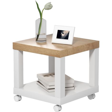 Mesa auxiliar avec roues étagère ouverte 40x40x40 cm Naturel et Blanc