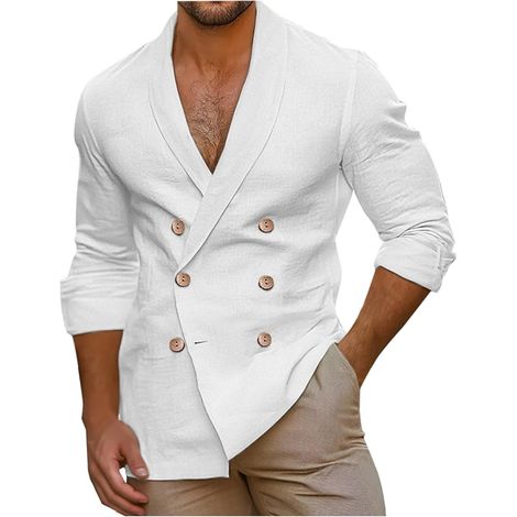 Chaquetas elegantes e informales de cuello en V para hombre - Cuello en V - Manga larga - Doble botonadura - Cómoda camisa de playa de algodón - Corte relajado - Transpirable