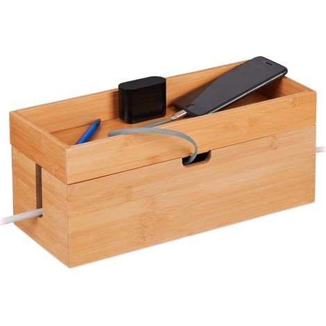Relaxdays Kabelbox für 2 Steckdosenleisten, Bambus, Kabelkiste mit Ablage, HBT: 14 x 34 x 14 cm, Kabel verstecken, natur