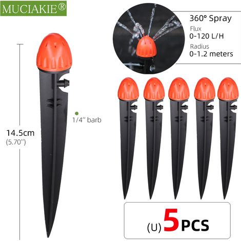 (Lot de 5) 24 types d'arroseurs de jardin avec piquet, goutteurs à réfraction à atomisation réglable, buses à vortex, raccord cannelé 1/4'' (1/5)