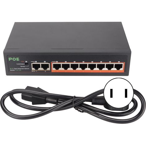 Switch PoE 8 ports 10/100 Mbps 90 W RJ45 avec indicateur LED adaptatif, boîtier en alliage d'aluminium et prise US (1/5)