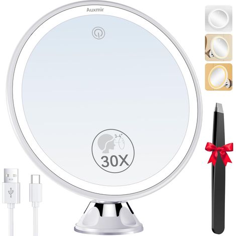 Miroir Grossissant 30X Lumineux à Ventouse, Rechargeable USB 3 modes d'éclairage, rotation 360°, pour salle de bain, maquillage précis, épilation des sourcils et pose de lentilles (1/5)