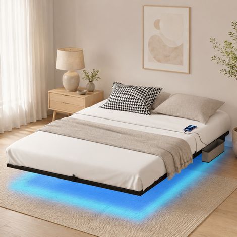 Cama de adulto 160x200 cm de acero negra, con LED y recarga para dormitorio, sin colchón -FLORAGRACE (1/5)