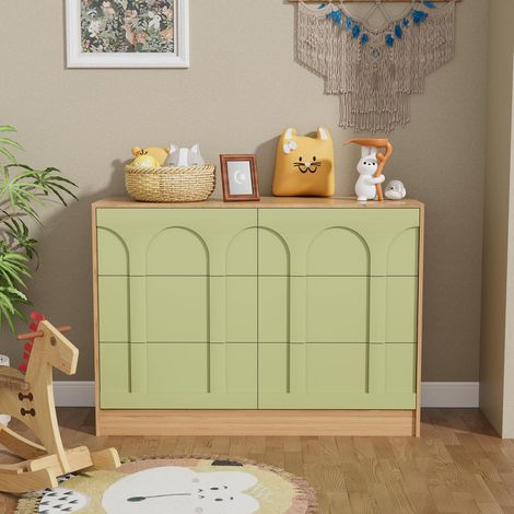 UEV Cassettiera Camera da Letto 6 Cassetti Design Arco, Comò Elegante con Design Bicolore, Mobile Letto Salvaspazio Stabile e Durevole per Abiti, 100 x 34 x 72 cm, Verde e Naturale (1/5)