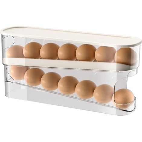 Soporte para huevos de refrigerador，dispensador de huevos giratorio de 2 niveles，dispensador automático de huevos giratorio，blanco (1/2)