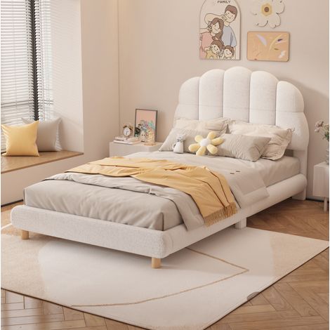 Kinderbett 90x200 cm modern aus Plüsch in Weiß mit dekorativem Kopfteil und Lattenrost (1/5)