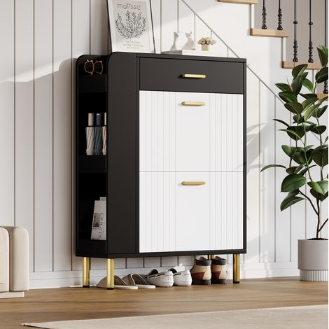 Schmale Schuhkommode 80x24x105 cm Weiß-Schwarz aus MDF und Spanplatte mit Klappen, Schublade und offenen Fächern (1/5)