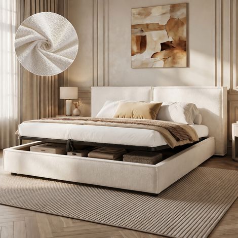 Lit coffre rembourré 180x200 cm avec sommier relevable hydraulique, grand rangement, tête de lit 12 cm, tissu bouclé blanc (1/5)
