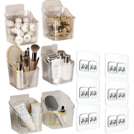 Lot de 6 Paniers de Rangement Muraux Adhésifs Petits, Bac de Rangement Transparent Empilable pour Placard, Cuisine, Salle de Bain, Camping‑Car, Bureau et Réfrigérateur