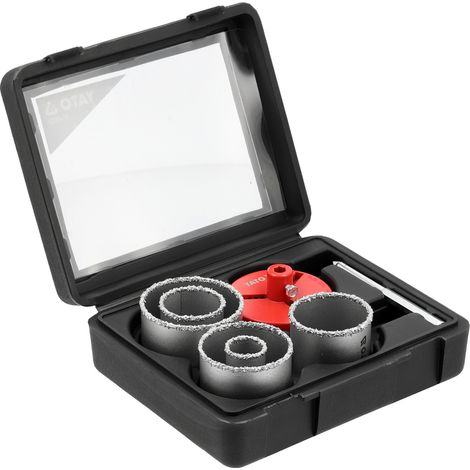 Juego de 7 sierras de corona de tungsteno de 33 a 83 mm, de carburo cementado, YG8, con broca de centrado y placa de montaje, para mampostería, hormigón, cerámica, hormigón celular, en maletín de