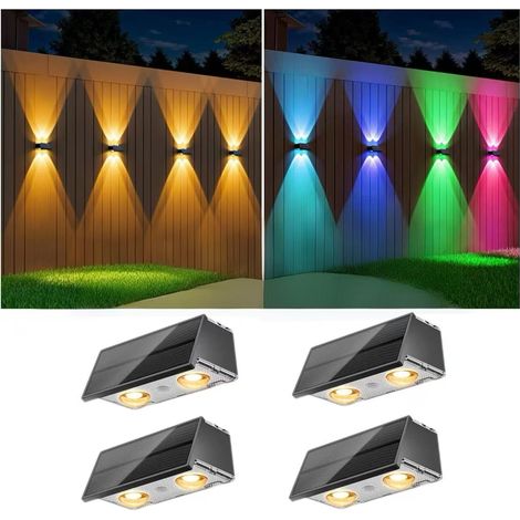 Lot de 4 appliques murales solaires, éclairage extérieur LED + RVB, éclairage de jardin étanche, convient pour jardin, piscine, terrasse, clôture (1/5)
