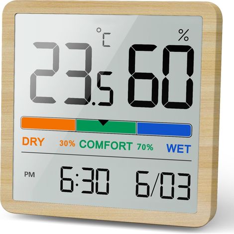 Hygromètre Thermomètre d'intérieur - Indicateur numérique avec capteur de température, petit compteur d'humidité précis avec horloge pour serre de cuisine de chambre de bébé (grain de bois) (1/5)