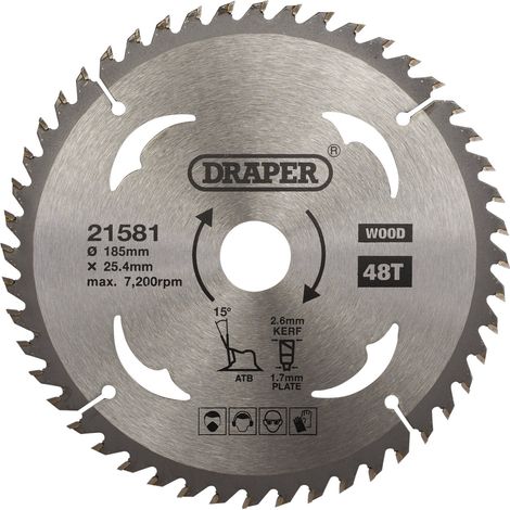 Draper TCT Circular Saw Blade for Wood – 185mm Diameter, 25.4mm Arbor, 48 Teeth, Model 21581 (1/5)