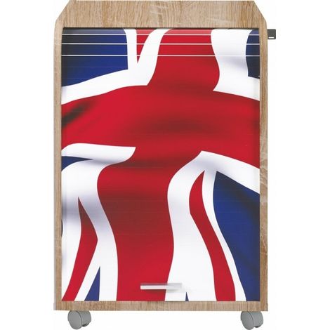 Caisson à rideau sur roulettes 2 tiroirs bois clair imprimé drapeau Anglais Orga (1/3)