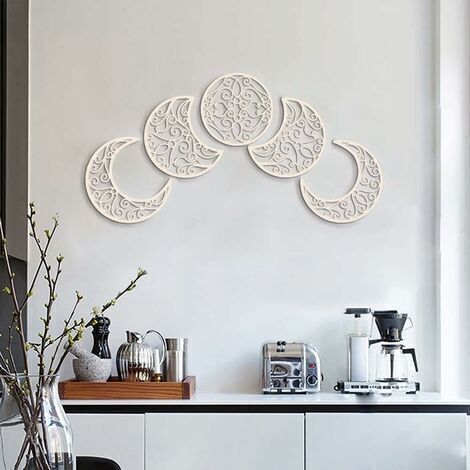 Décoration murale décoration lune, décoration murale aspect lune (5 pièces) Bois nordique aspect lune design naturel intérieur lune, décoration chambre bohème décoration murale maison (Couleur bois) (1/4)