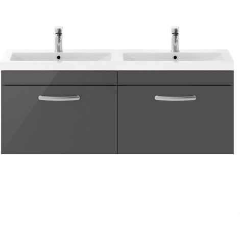 Millwich Contemporary 2 Drawer Wall Hung Vanity Unit with Basin, Gloss Grey, 1200mm (1/4)