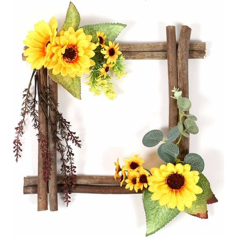 royaluxe- Couronnes de porte artificielles en bois de tournesol quadrilatérale printemps/été avec feuilles vertes pour décoration d'intérieur, mariage, à suspendre, jaune, 30 x 50 cm (1/5)