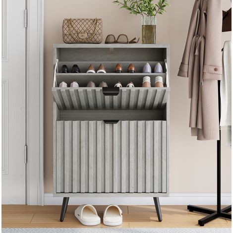 Meuble à chaussures 60x24x94 cm avec 2 portes abattantes, gris, pour entrée, couloir et salon (1/5)