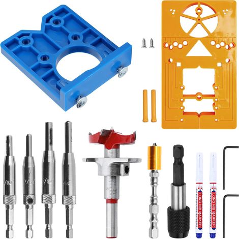 35 mm Gabarit de Percage Charniere Set, Luminaire Scie à Trou Charnière, Outils pour Installer des Portes D'armoire, Adaptées aux Positions Charnière L'armoire (Argent, jaune, bleu) Argent, bleu - (1/5)