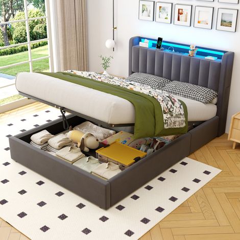Letto contenitore 140x190 cm con vano portaoggetti, porte USB e illuminazione LED, rivestito in velluto (1/4)