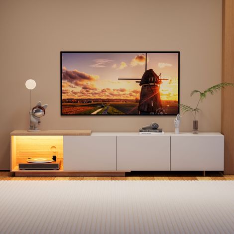 FOERPL-Meuble TV modulaire avec Eclairage LED, Meuble TV Extensible avec 3 Tiroirs, Armoire de Télévision avec Rangement Ouvert, Ensemble Meuble TV Moderne peut être ouvert et fermé