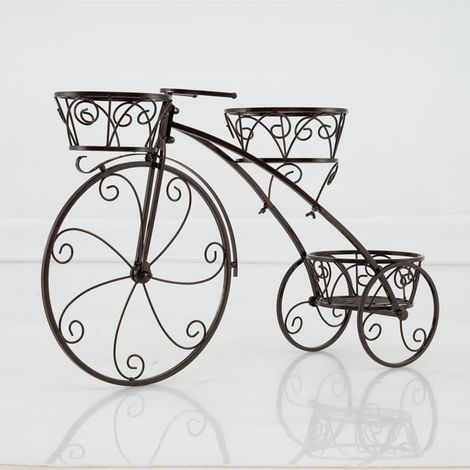 COSTWAY Soporte para Plantas en Forma de Triciclo, Soporte para Macetas con 3 Cestas Huecas y Elegantes Ruedas, Aspecto Parisino, Macetero Metálico de 3 Niveles para Patio, Jardín (Bronce)