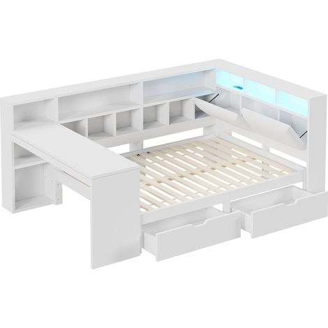 Lit plateforme d’angle 140x200 cm avec bureau, étagère et LED, blanc (1/5)