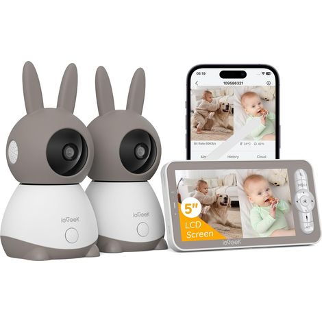 Caméra de sécurité intérieure Iegeek avec 2 caméras [2K/3MP, 5 pouces] - Écran vidéo WiFi avec PTZ 355°, vision nocturne infrarouge, suivi automatique, détection de cris/mouvements/bruits, compatible  (1/5)