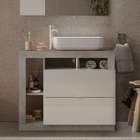 Meuble salle de bain gris béton et blanc + vasque L 90cm GAMA (1/5)