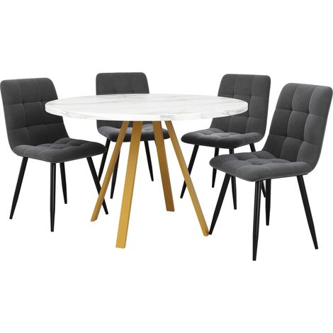 Conjunto comedor redondo 5 piezas, mesa 80 x 80 x 75 cm, MDF/metal, 4 sillas terciopelo gris (1/5)