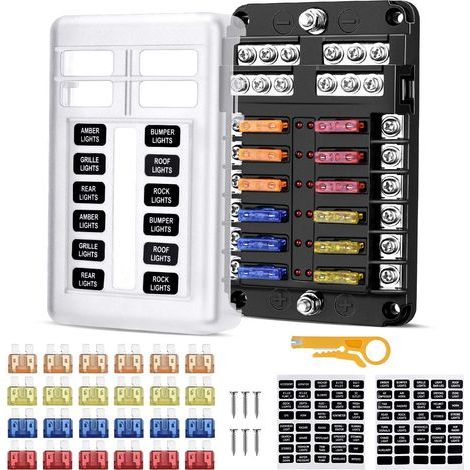 12-fach Sicherungskasten, LED-Anzeige, wasserdichte Abdeckung, flammhemmendes PBT, für Auto, Boot, LKW (1/5)
