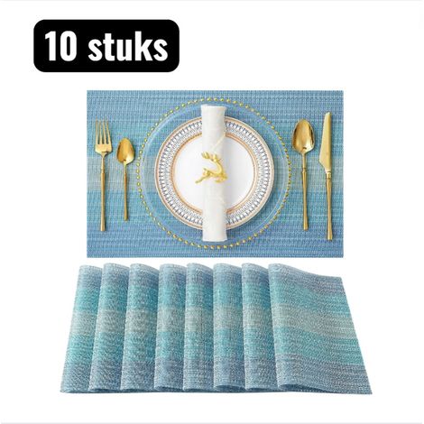 Lot de 10 sets de table rectangulaires en PVC à rayures tissées, au design sobre et adapté à un usage quotidien - Bleu (1/5)