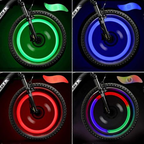 Lot de 4 éclairages pour rayons de vélo avec boîte élégante, étanches et faciles à installer, lampes LED néon clignotantes pour pneus. (1/4)