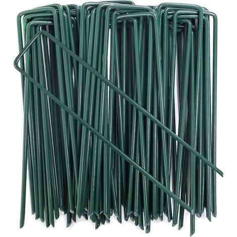 100 Stück Gartenbefestigungspfähle, U-förmige Rasenklammern für Unkrautvlies, feuerverzinkt (3x150x25mm)